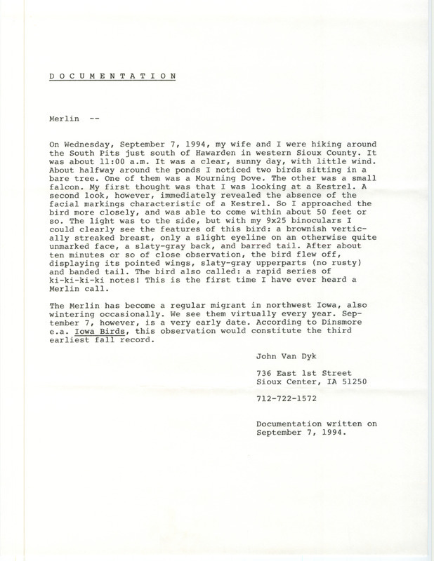 Rare bird documentation form for a Merlin at Big Sioux Recreation Area in Sioux County, IA on September 7, 1994.