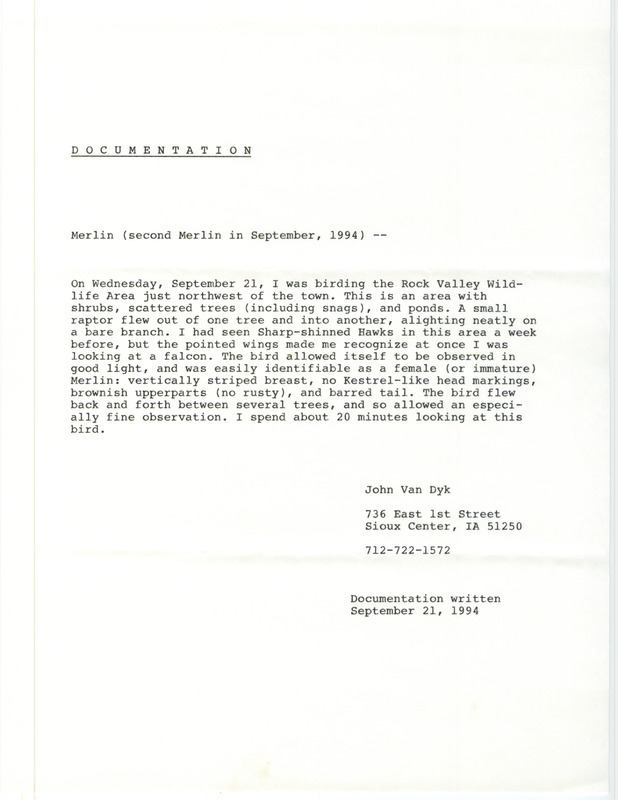 Rare bird documentation form for a Merlin at Rock Valley Wildlife Area in Sioux County, IA on September 21, 1994.