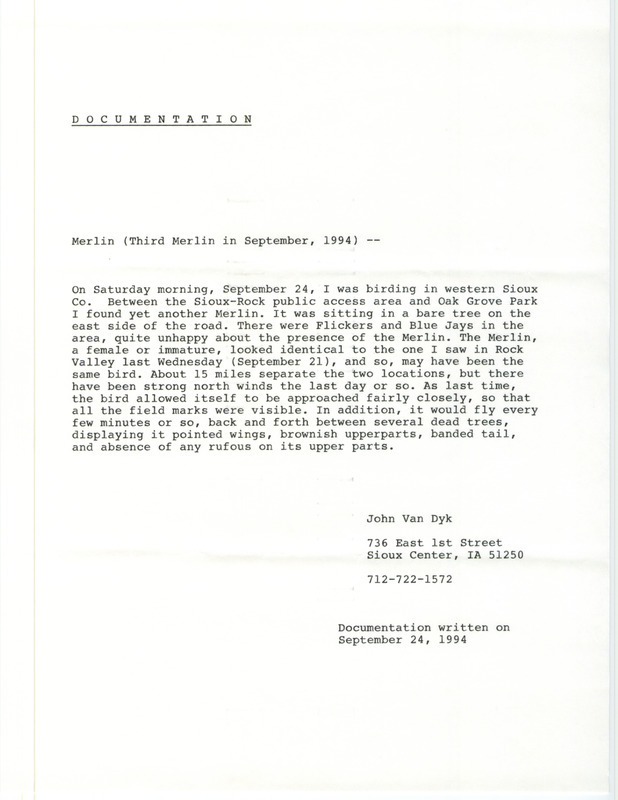 Rare bird documentation form for a Merlin between Sioux-Rock public access and Oak Grove Park in Sioux County, IA on September 24, 1994.