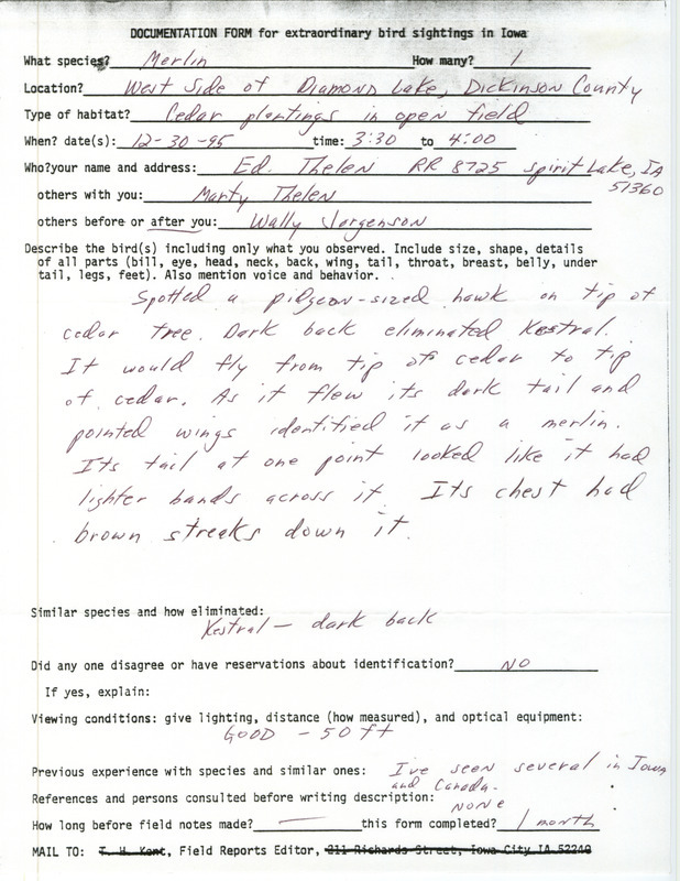 Rare bird documentation form for a Merlin at Diamond Lake in Dickinson County, IA on December 30, 1995.