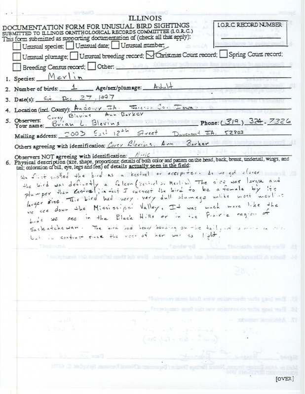 Rare bird documentation form for a Merlin at Andover in Clinton County, IA on December 27, 1997.