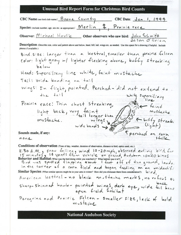 Rare bird documentation form for a Merlin at Boone County, IA on January 1, 1999.