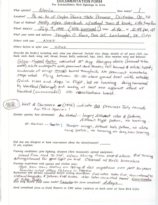 Rare bird documentation form for a Merlin at Cayler Prairie State Preserve in Dickinson County, IA on July 9, 1999.