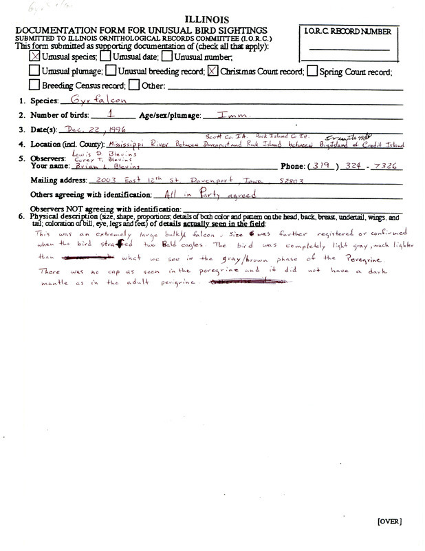 Rare bird documentation form for a Gyrfalcon on the Mississippi River between Davenport in Scott County, IA and Rock Island in Rock Island County, IL on December 22, 1996.