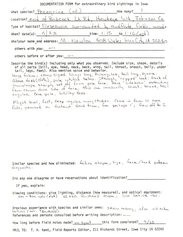 Rare bird documentation form for a Peregrine Falcon at Hawkeye Wildlife Area in Johnson County, IA on September 23, unknown year.