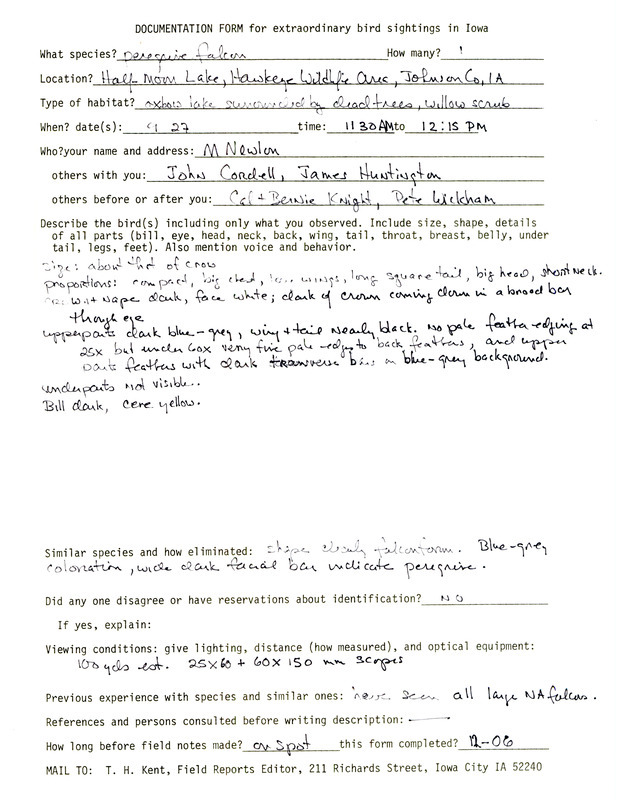 Rare bird documentation form for a Peregrine Falcon at Half-Moon Lake in Hawkeye Wildlife Area in Johnson County, IA on September 27, unknown year.