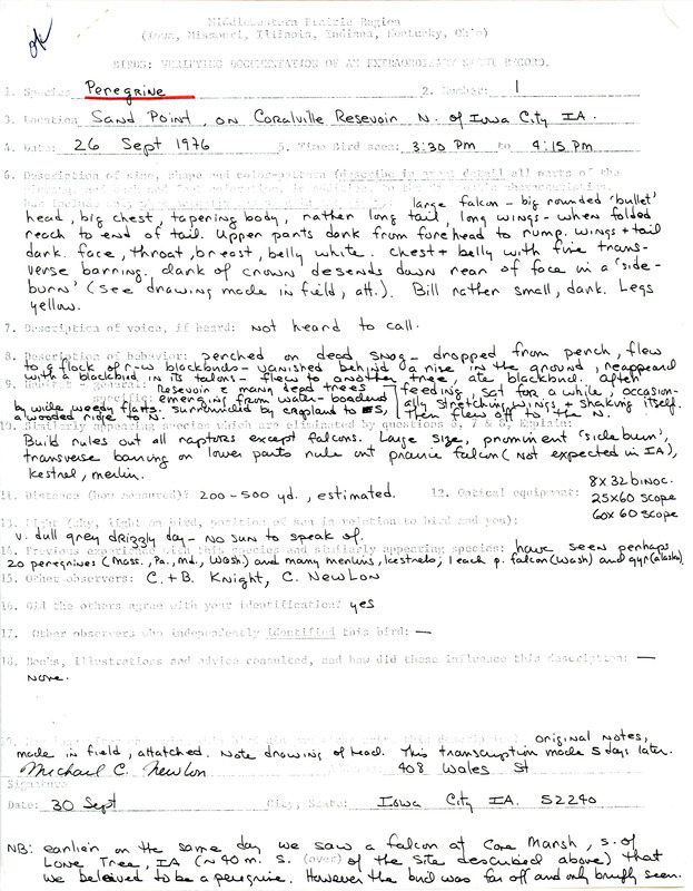 Rare bird documentation form for a Peregrine Falcon at Sand Point at Coralville Reservoir in Johnson County, IA on September 26, 1976.