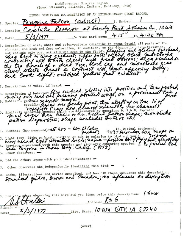 Rare bird documentation form for a Peregrine Falcon at Sand Point at Coralville Reservoir in Johnson County, IA on May 3, 1977.