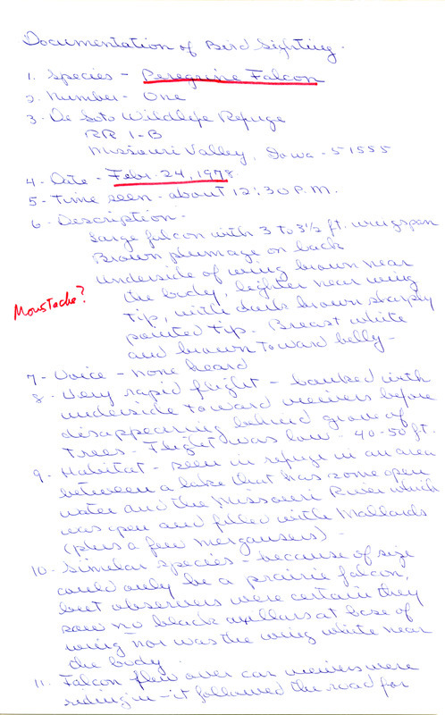 Rare bird documentation form for a Peregrine Falcon at De Soto Wildlife Refuge in Harrison County, IA on February 24, 1978.