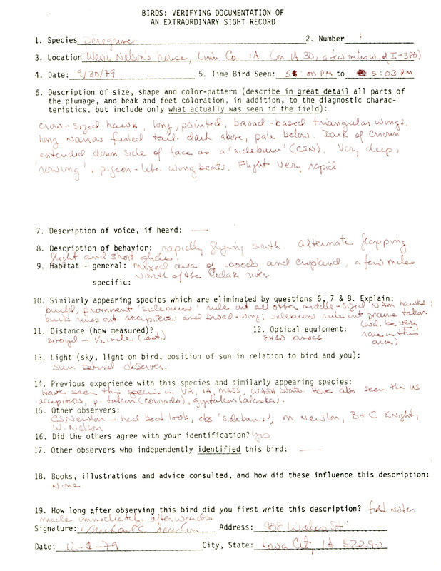 Rare bird documentation form for a Peregrine Falcon near Cedar Rapids in Linn County, IA on September 30, 1979.