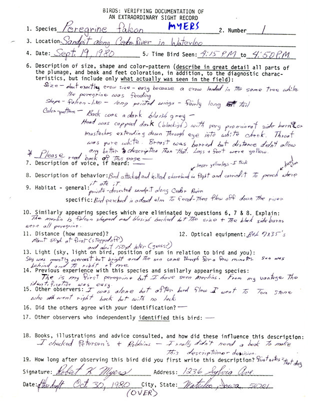 Rare bird documentation form for a Peregrine Falcon along Cedar River in Waterloo in Black Hawk County, IA on September 19, 1980.