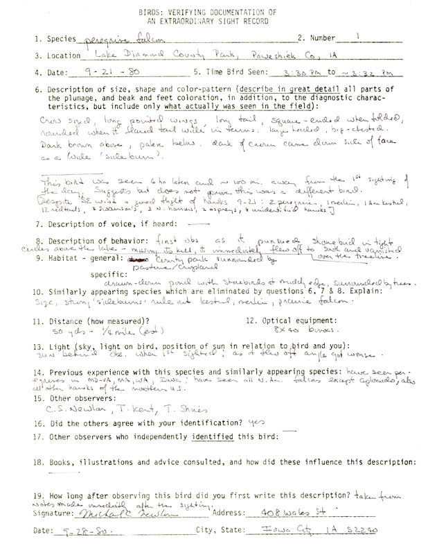 Rare bird documentation form for a Peregrine Falcon at Lake Diamond County Park in Poweshiek County, IA on September 21, 1980.