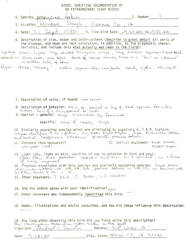 Rare bird documentation form for a Peregrine Falcon at Dunbar Slough in Greene County, IA on September 21, 1980.