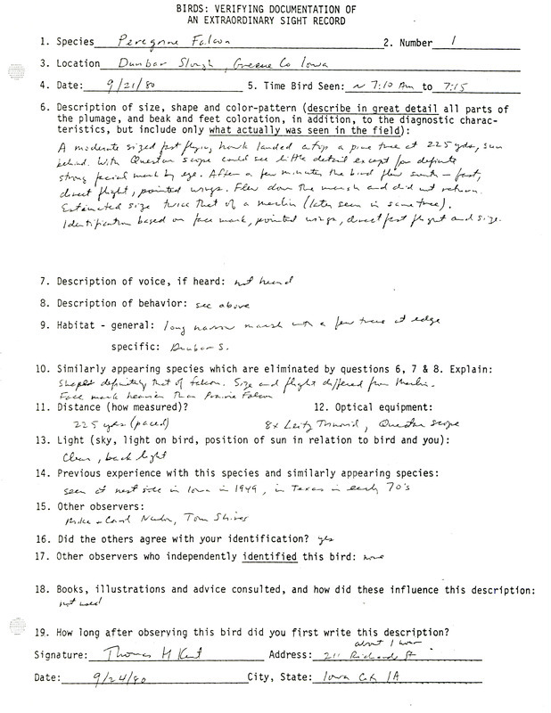 Rare bird documentation form for a Peregrine Falcon at Dunbar Slough in Greene County, IA on September 21, 1980.