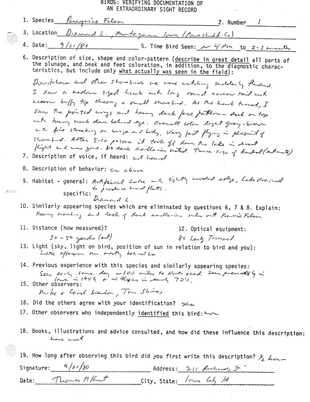 Rare bird documentation form for a Peregrine Falcon at Diamond Lake in Poweshiek County, IA on September 21, 1980.