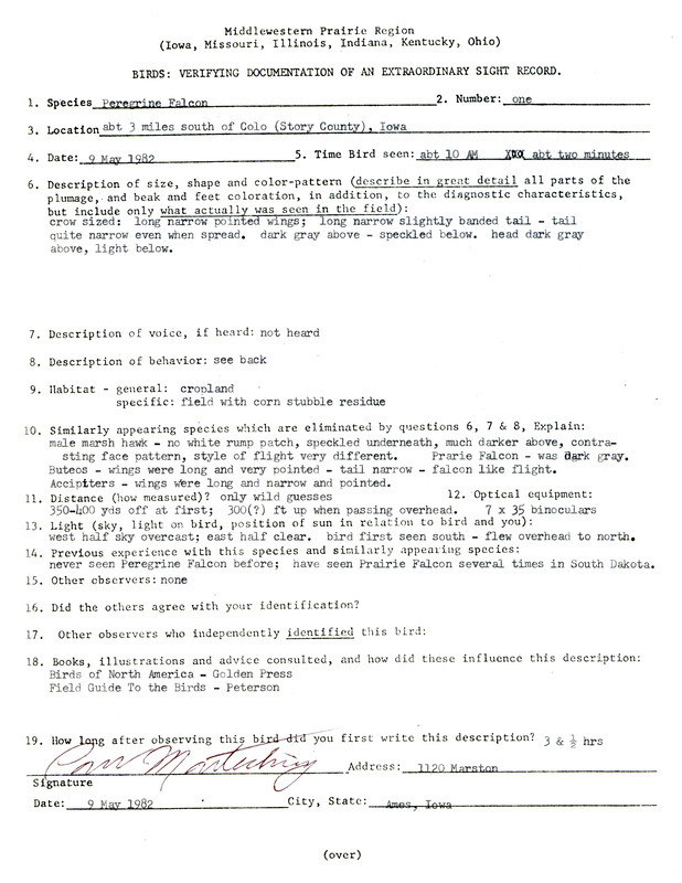 Rare bird documentation form for a Peregrine Falcon at Colo in Story County, IA on May 9, 1982.