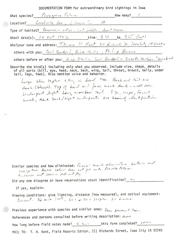 Rare bird documentation form for a Peregrine Falcon at Coralville Reservoir in Johnson County, IA on October 10, 1982.