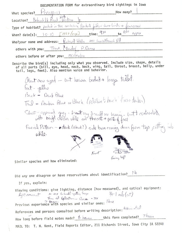 Rare bird documentation form for a Peregrine Falcon at Babcock Access in Johnson County, IA on October 10, 1982.