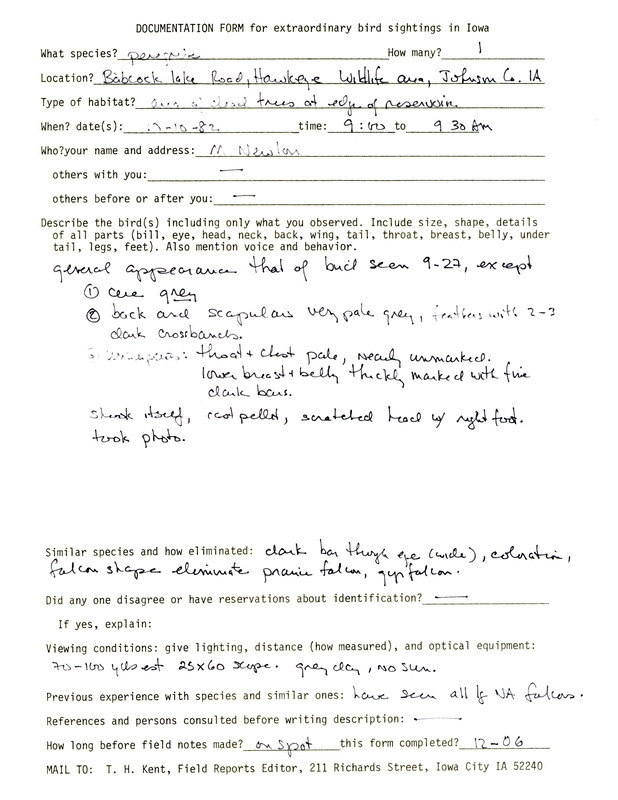 Rare bird documentation form for a Peregrine Falcon at Babcock Access in Hawkeye Wildlife Area in Johnson County, IA on October 10, 1982.