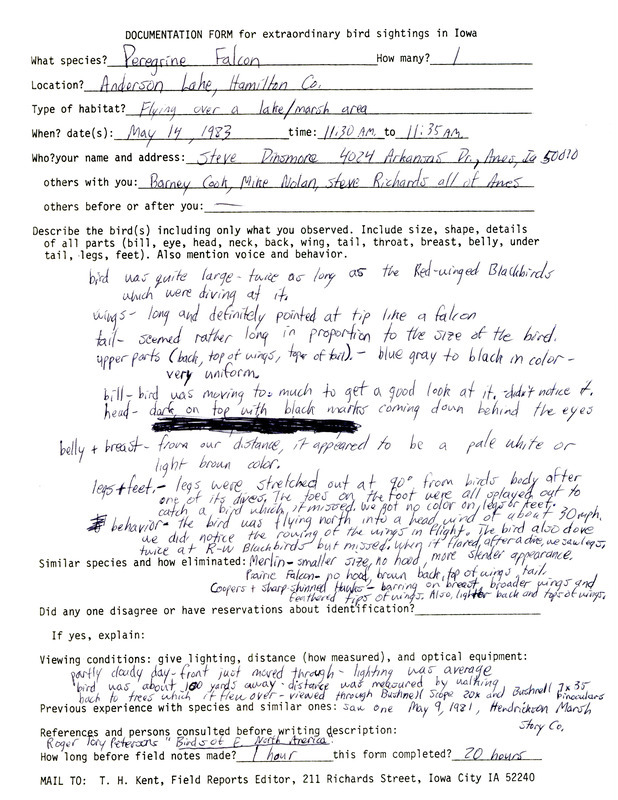 Rare bird documentation form for a Peregrine Falcon at Anderson Goose Lake in Hamilton County, IA on May 14, 1983.