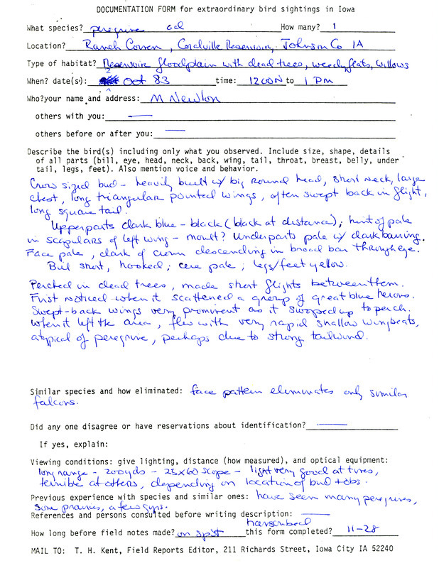 Rare bird documentation form for a Peregrine Falcon at Ranch Corner at Coralville Reservoir in Johnson County, IA on October 2, 1983.