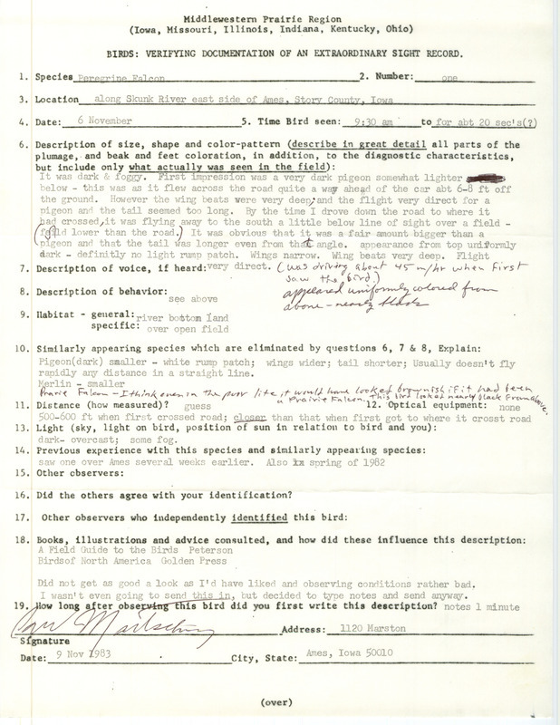 Rare bird documentation form for a Peregrine Falcon along the Skunk River in Ames in Story County, IA on November 6, 1983.