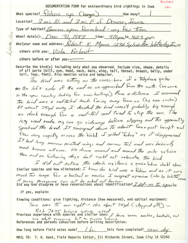 Rare bird documentation form for a Peregrine Falcon near Denver in Bremer County, IA on December 31, 1983.