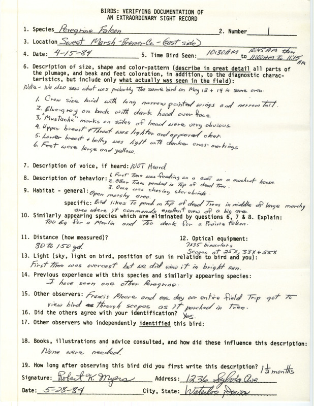 Rare bird documentation form for a Peregrine Falcon on the east side of Sweet March in Bremer County, IA on April 15, 1984.