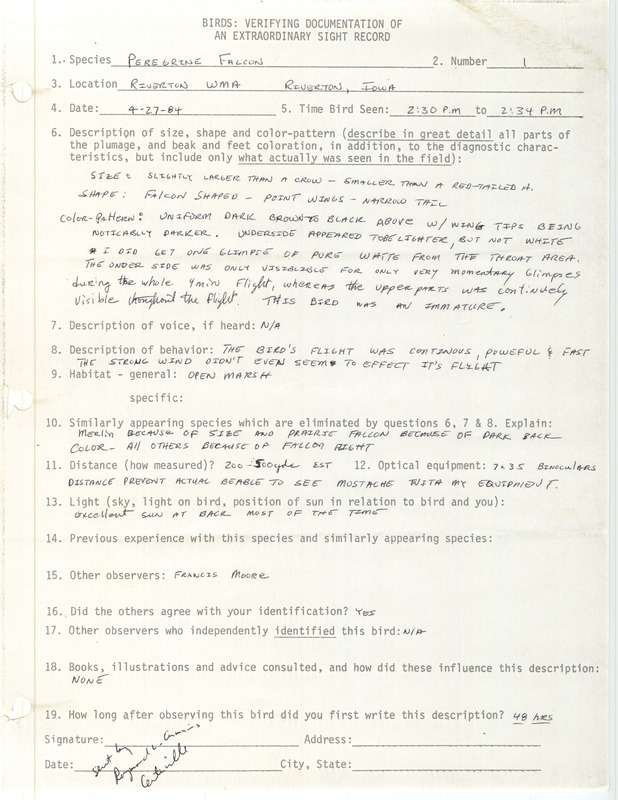 Rare bird documentation form for a Peregrine Falcon at Riverton Wildlife Management Area in Fremont County, IA on April 27, 1984.