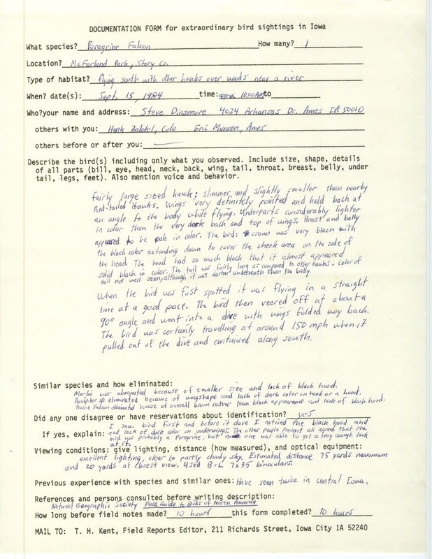 Rare bird documentation form for a Peregrine Falcon at McFarland Park in Story County, IA on September 15, 1984.