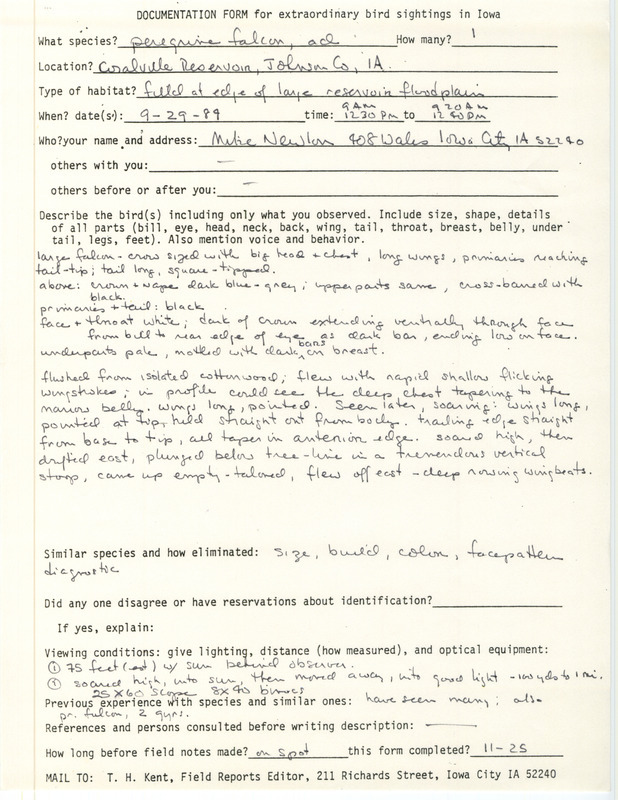 Rare bird documentation form for a Peregrine Falcon at Coralville Reservoir in Johnson County, IA on September 29, 1989.