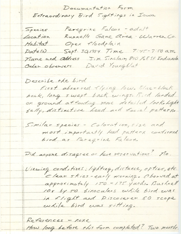 Rare bird documentation form for a Peregrine Falcon at Runnells Game Area in Warren County, IA on September 30, 1984.