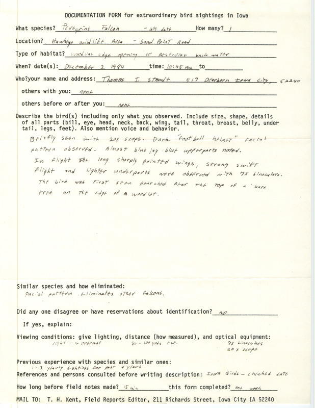 Rare bird documentation form for a Peregrine Falcon at Sand Point in Hawkeye Wildlife Area in Johnson County, IA on December 2, 1984.