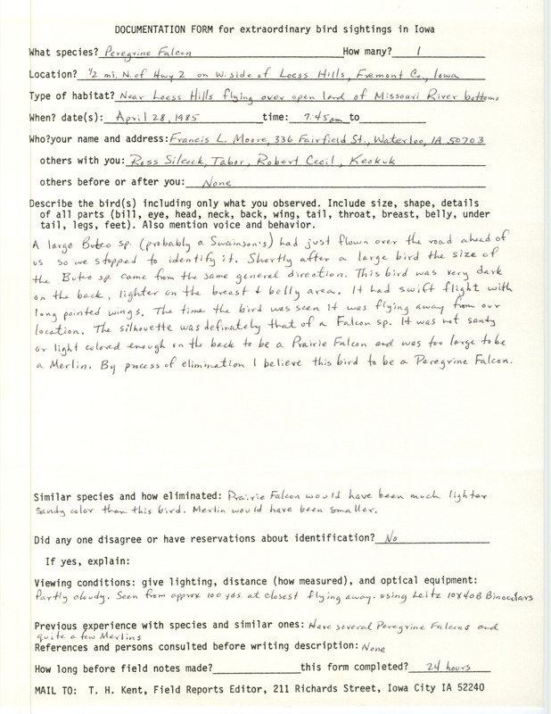 Rare bird documentation form for a Peregrine Falcon at Loess Hills in Fremont County, IA on April 28, 1985.