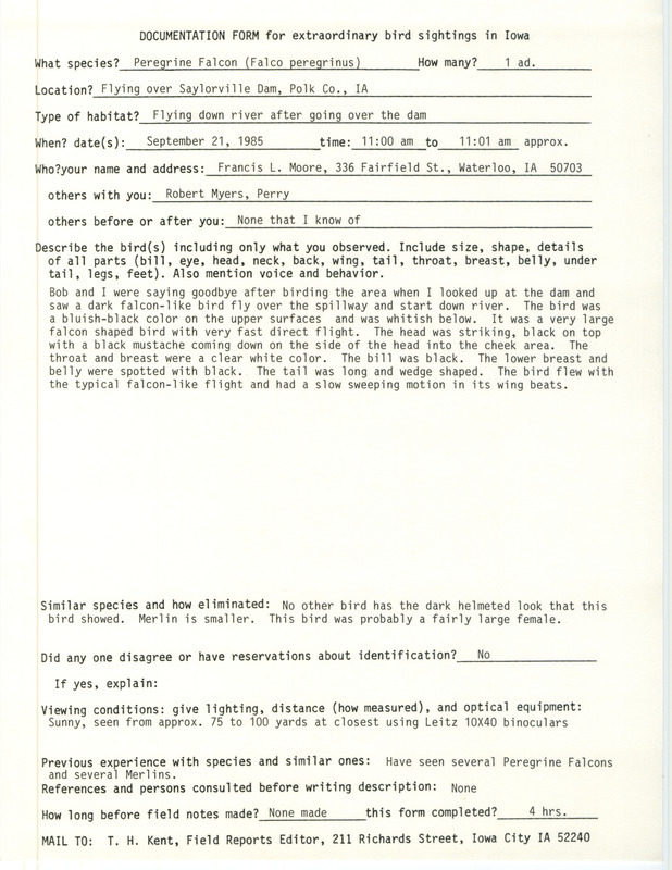 Rare bird documentation form for a Peregrine Falcon at Saylorville Dam in Polk County, IA on September 21, 1985.