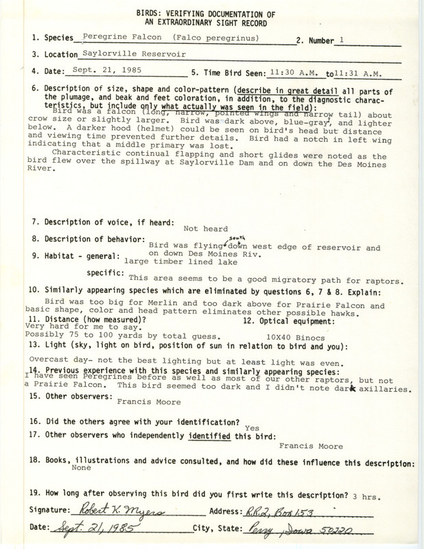 Rare bird documentation form for a Peregrine Falcon at Saylorville Reservoir in Polk County, IA on September 21, 1985.