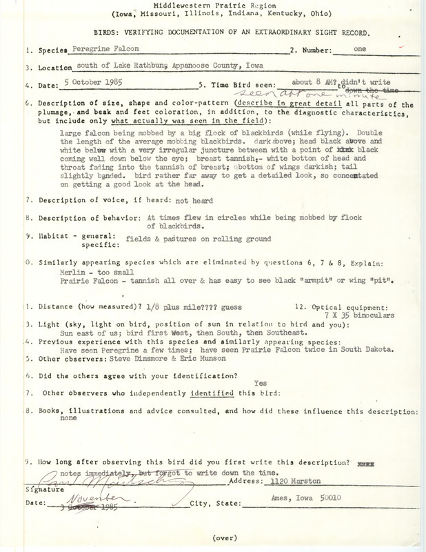 Rare bird documentation form for a Peregrine Falcon at Lake Rathbun in Appanoose County, IA on October 5, 1985.