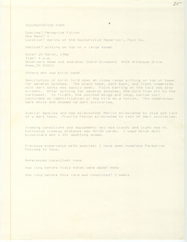 Rare bird documentation form for a Peregrine Falcon at Saylorville Reservoir in Polk County, IA on March 20, 1986.