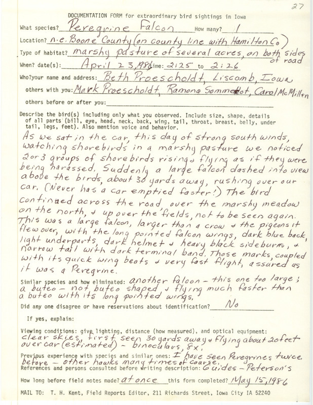 Rare bird documentation form for a Peregrine Falcon at northeast Boone County on county line with Hamilton County, IA on April 23, 1986.