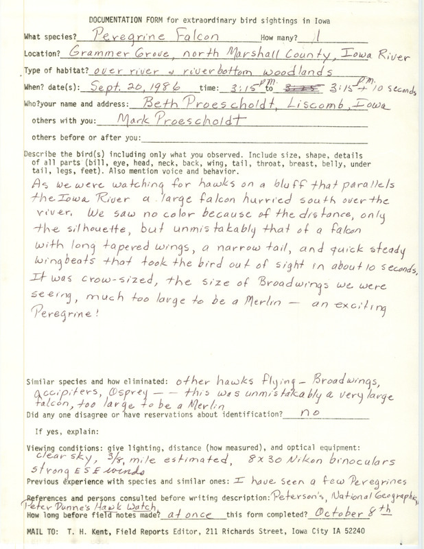 Rare bird documentation form for a Peregrine Falcon at Grammer Grove in Marshall County, IA on September 20, 1986.