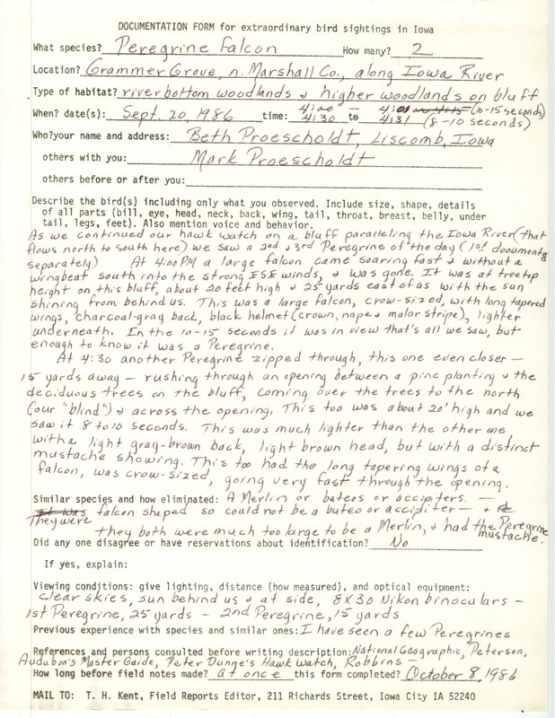 Rare bird documentation form for two Peregrine Falcons at Grammer Grove in Marshall County, IA on September 20, 1986.