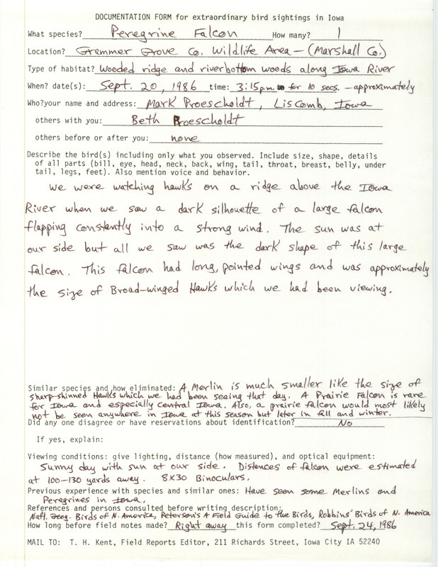 Rare bird documentation form for a Peregrine Falcon at Grammer Grove County Wildlife Area in Marshall County, IA on September 20, 1986.