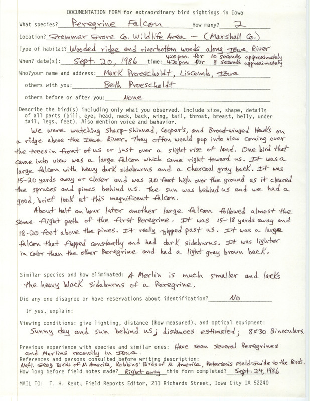 Rare bird documentation form for two Peregrine Falcons at Grammer Grove County Wildlife Area in Marshall County, IA on September 20, 1986.