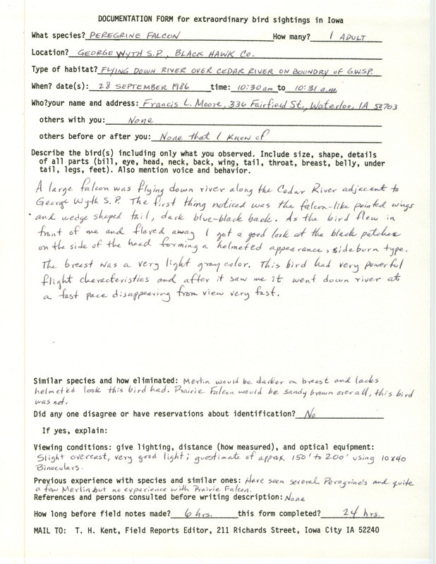 Rare bird documentation form for a Peregrine Falcon at George Wyth State Park in Black Hawk County, IA on September 28, 1986.