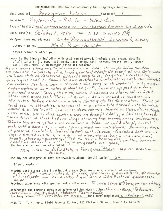 Rare bird documentation form for a Peregrine Falcon at Saylorville in Polk County, IA on October 1, 1986.