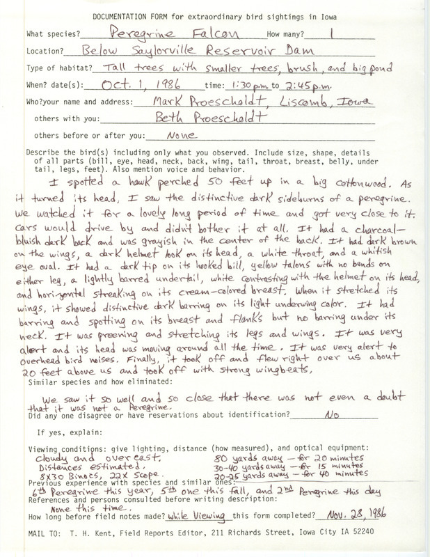 Rare bird documentation form for a Peregrine Falcon at Saylorville Dam in Polk County, IA on October 1, 1986.