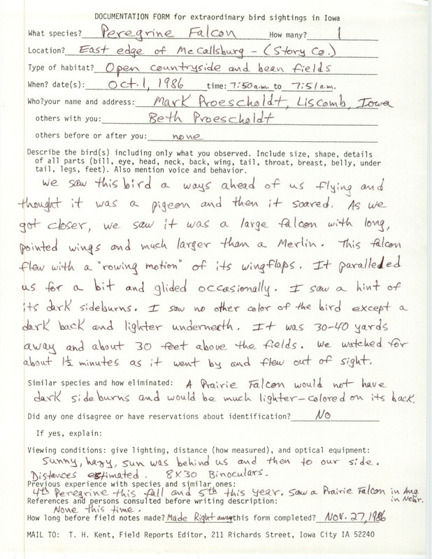 Rare bird documentation form for a Peregrine Falcon at McCallsburg in Story County, IA on October 1, 1986.