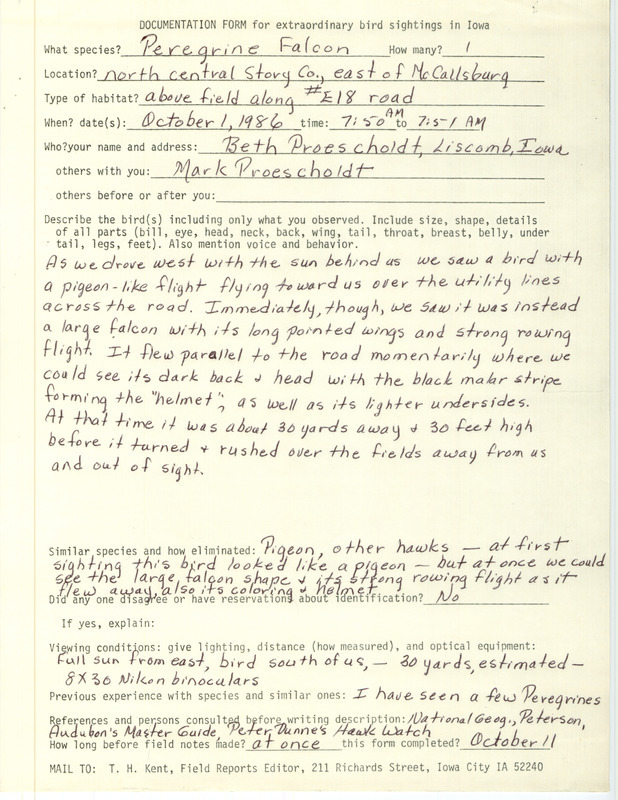 Rare bird documentation form for a Peregrine Falcon east of McCallsburg in Story County, IA on October 1, 1986.