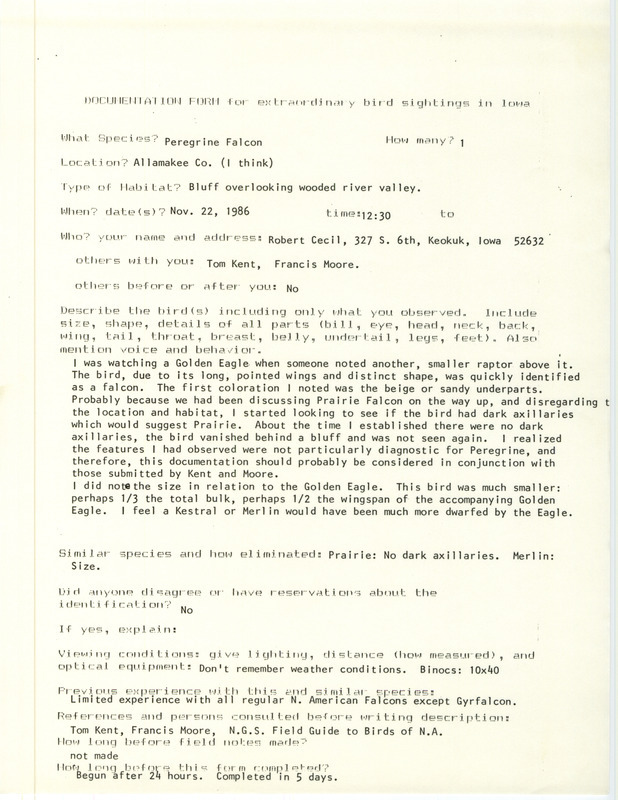 Rare bird documentation form for a Peregrine Falcon at Allamakee County, IA on November 22, 1986.