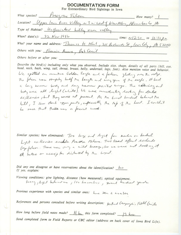 Rare bird documentation form for a Peregrine Falcon west of New Albin at Allamakee County, IA on November 22, 1986.